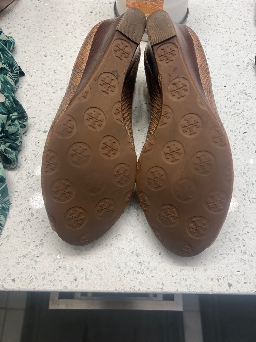 Tory Burch Metallic Bronze Peep-Toe Logo Heels - Picture 4 of 5